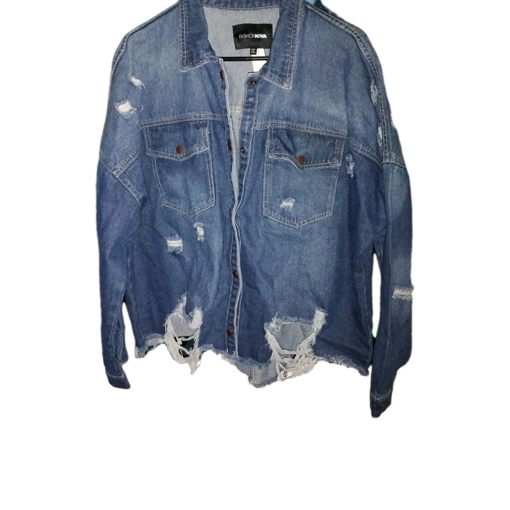 FashionNova Womens‎ XL Jean Jacket Denim "All Torn Up" 100% Cotton Relaxed Crop